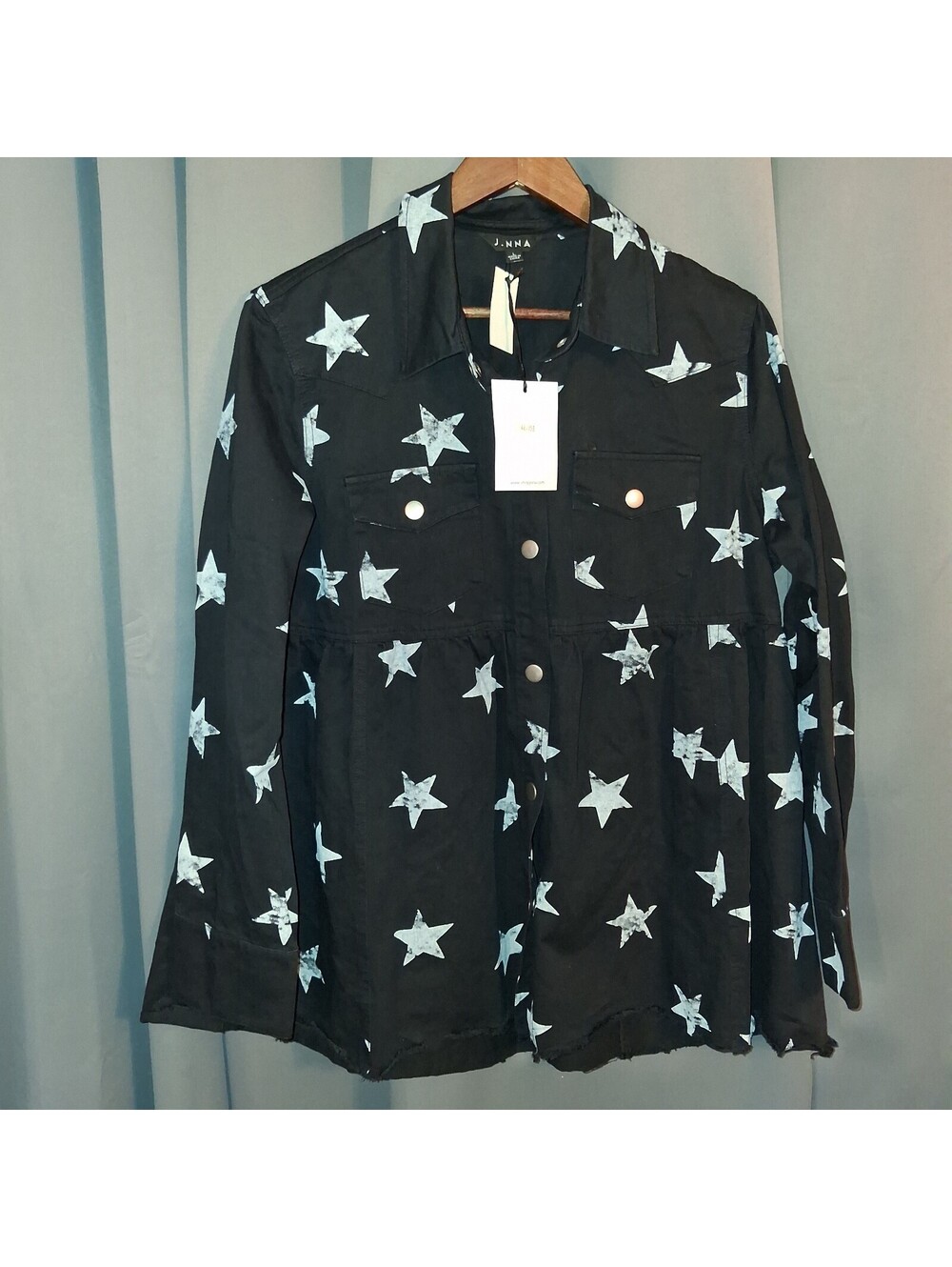 J.NNA Black Star Print Button-Up Shirt Jacket Large